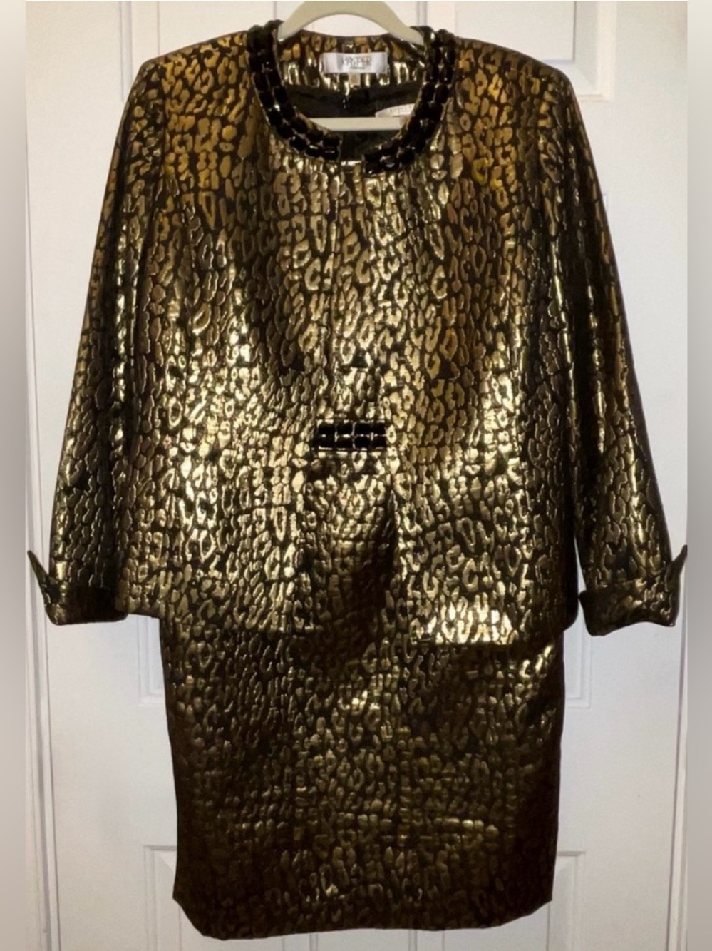 Kasper Women’s 2 pc Set~Dress w/Jacket Suit~Black/Gold Animal Print~ Sz 12-14